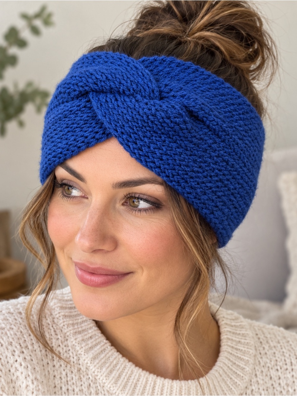 Handmade Royal Blue Knit Twist Front Ear Warmer Headband